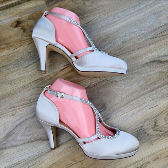 🩵NWOB Champagne Rhinestone Satin Strappy Platform Heels Size 8 - Picture 11 of 14